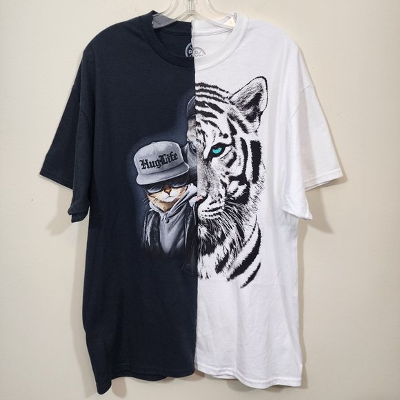 Hand Crafted Other - Upcycled NWOT tiger / hug life cat half and half graphic t-shirt men's‎ size XL